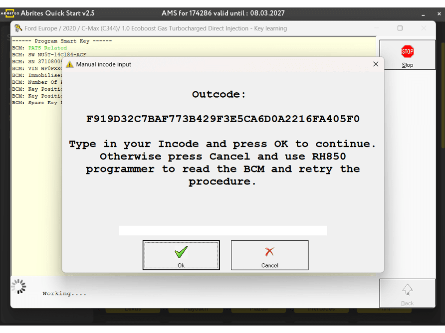 A computer screen displays a prompt asking the user to type in an incode and press OK to continue or press Cancel to use a programmer to read the BCM and retry the procedure. Description generated by AI