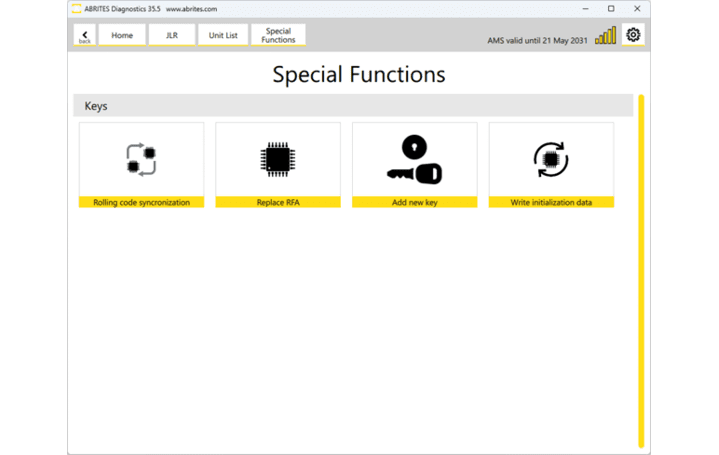 A yellow and white computer screen with four icons labeled: Roll Code, Decode MAVLink, Reprogram MAVLink, and White Install Data. Description generated by AI