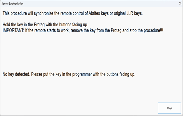A computer screen displays a message about synchronizing the remote control of Abrites keys or original JR keys. AI generated content