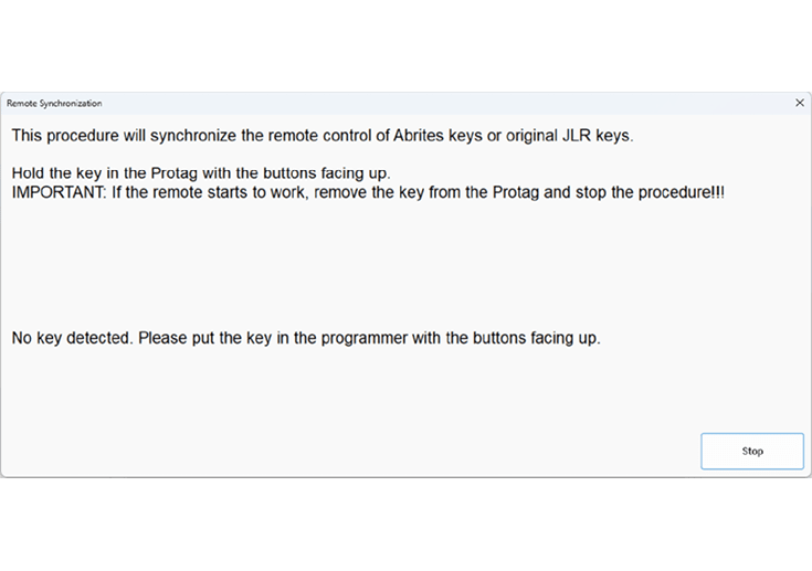 A computer screen displays a message about synchronizing the remote control of Abrites keys or original JR keys. AI generated content