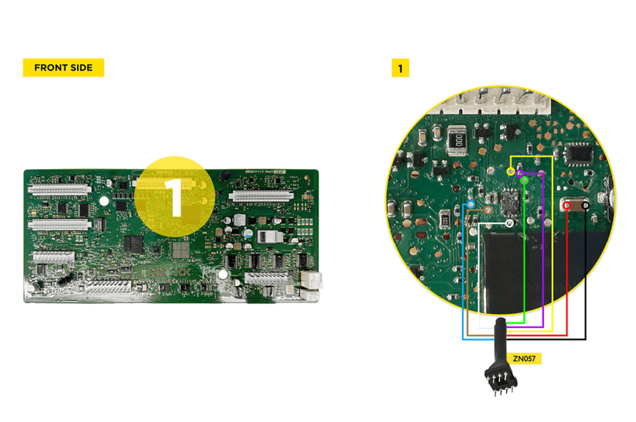 A diagram of a computer circuit board with a yellow circle pointing to the front side. AI generated content