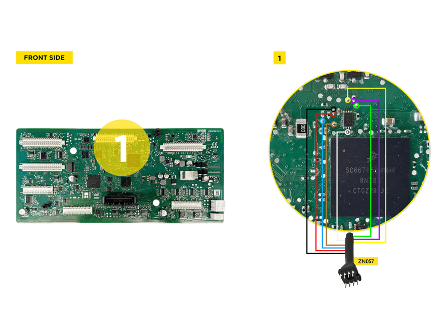 A diagram of a computer circuit board with a yellow label on the left side and a green label on the right side. AI generated content
