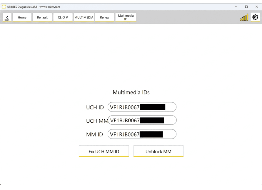 A digital interface displays two multimedia ID fields labeled UCH ID and UCH MM, each containing a partially redacted alphanumeric code starting with VF1RJB0067. Description generated by AI