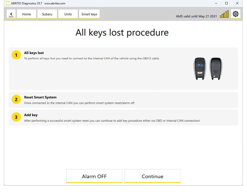 A software interface displays a three-step procedure for lost keys involving connecting to a vehicle's internal CAN, resetting the smart system, and adding a key, with options to turn the alarm off or continue. Description generated by AI