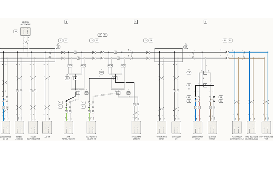 A section of a technical schematic showing interconnected lines, labeled junctions, and electrical symbols. Description generated by AI
