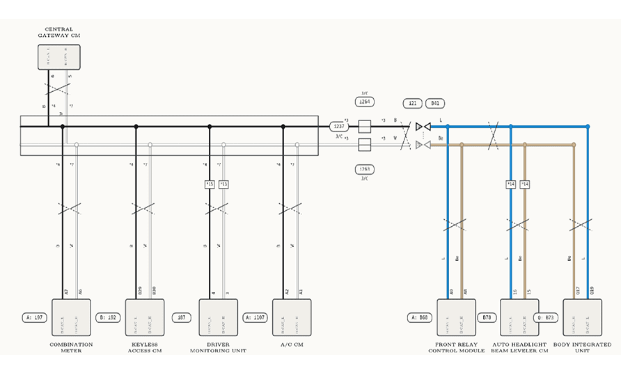 A detailed electrical wiring diagram shows connections between multiple labeled components with lines indicating wiring paths and color-coded sections highlighting specific circuits. Description generated by AI