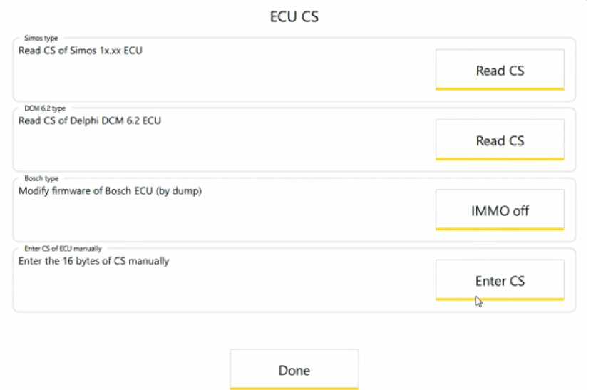 A software interface displays options for reading and entering CS data for different ECU types, including Simos, Delphi DCM 6.2, and Bosch, with buttons labeled Read CS, IMMO off, and Enter CS. Description generated by AI