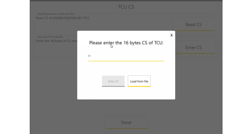 A dialog box prompts the user to enter the 16 bytes CS of TCU with options to enter the CS or load it from a file. Description generated by AI
